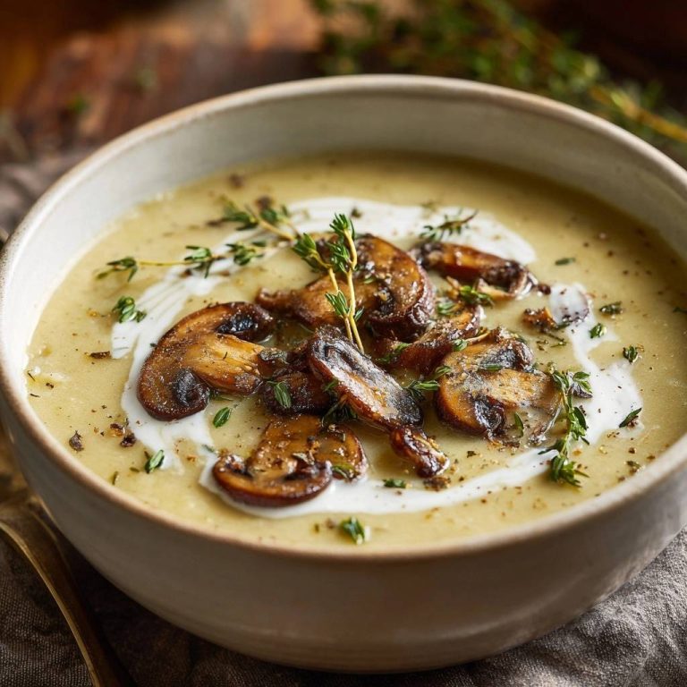 Cremige Pilz-Thymian-Suppe, garniert mit gebratenen Pilzen und frischem Thymian, in einer Schüssel serviert.