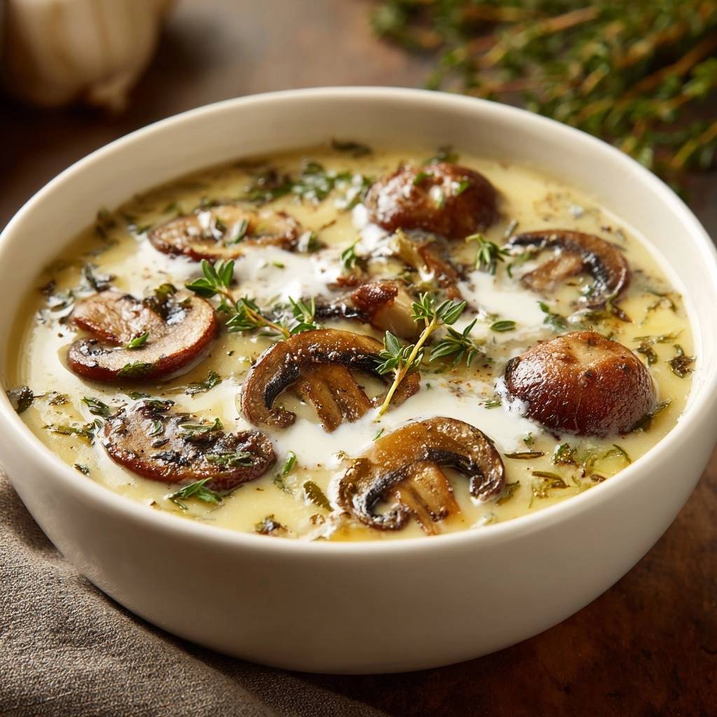 Cremige Pilz-Thymian-Suppe mit frischen Champignons und Thymian als Nahaufnahme in einer weißen Schüssel.