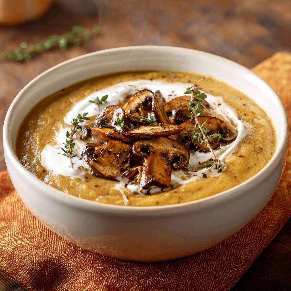 Cremige Pilzsuppe mit Thymian, garniert mit gebratenen Pilzen und einem Klecks Sahne, dampfend heiß serviert.
