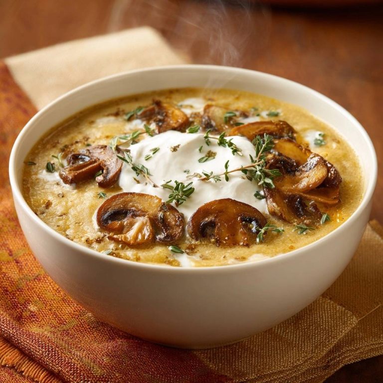 Cremige Pilzsuppe mit Thymian, garniert mit einem Klecks Sahne und frischen Pilzscheiben, die aus der Schüssel herausragen.