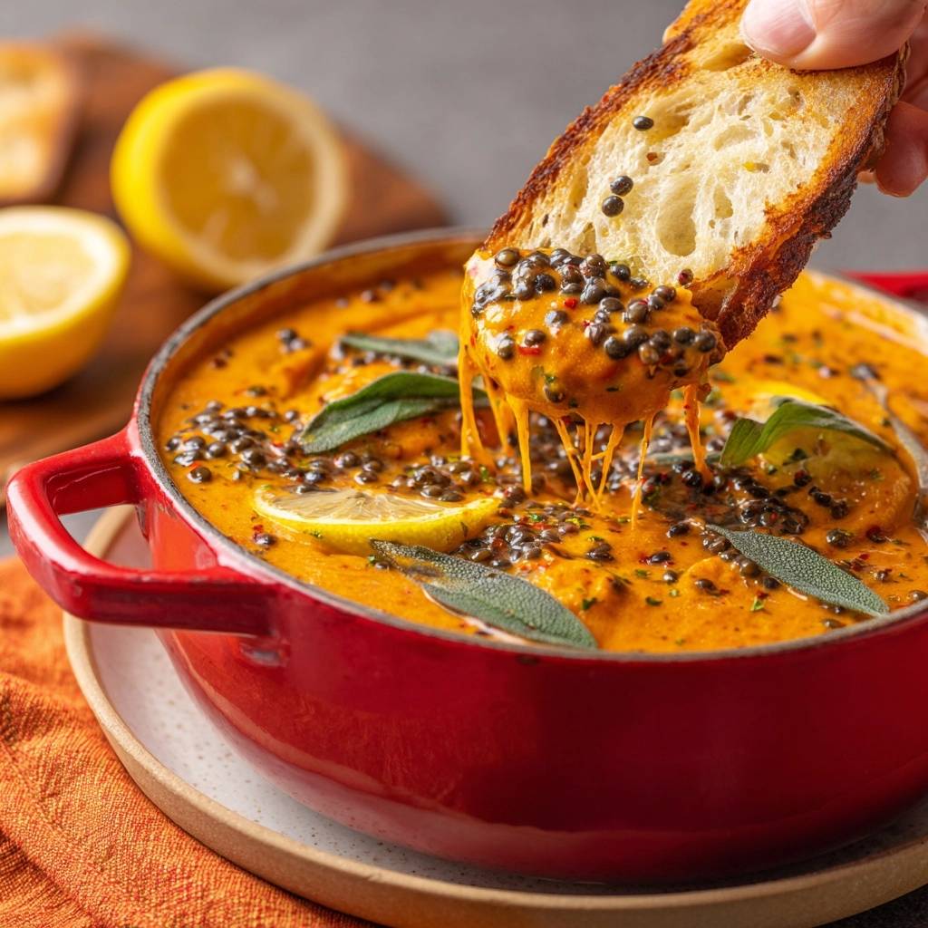 Cremige Schwarze-Linsen-Suppe mit Salbei und Zitronenkäse, eine Scheibe Brot wird in die Suppe getaucht und zieht Fäden.