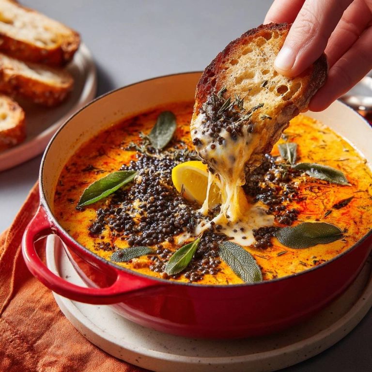 Cremige schwarze-Linsen-Suppe mit Salbei und Zitronenkäse, eine Käse-Stulle wird in die Suppe getaucht