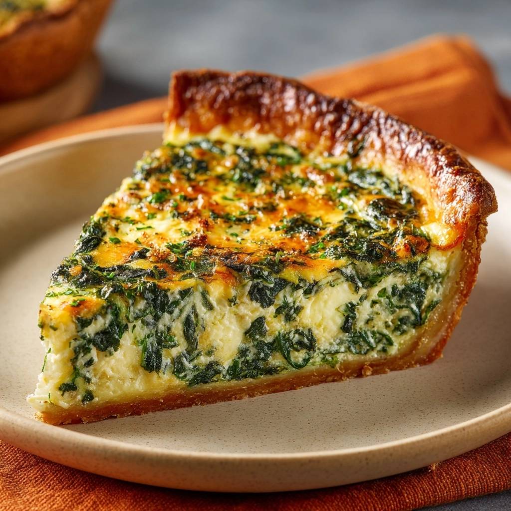 Cremige Spinat-Quiche mit knusprigem Boden, angeschnitten auf einem Teller, mit Blick auf das Innere und die Füllung.