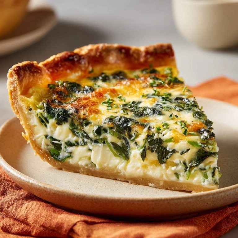 Cremige Spinat-Quiche angeschnitten auf einem Teller, mit einem knusprigen Boden und sichtbarem Inneren aus Spinat und Käse.