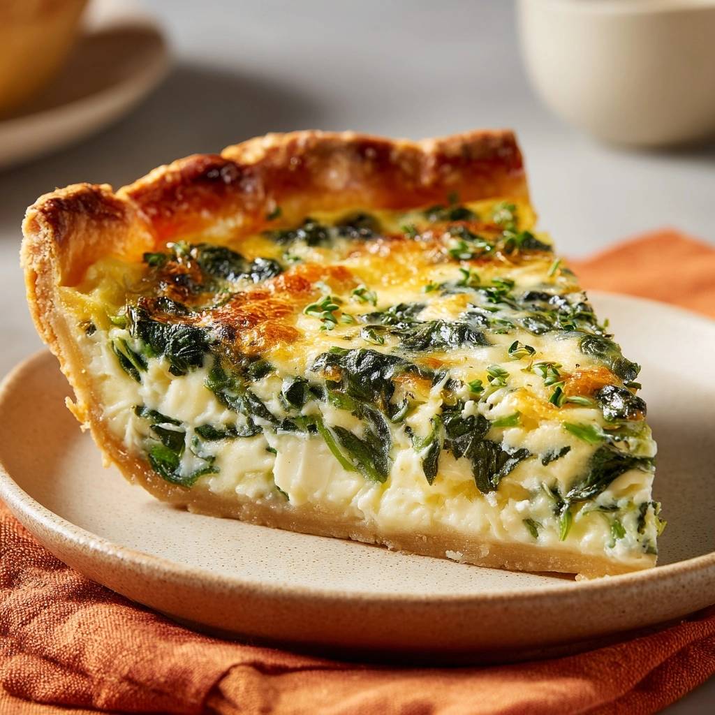 Cremige Spinat-Quiche angeschnitten auf einem Teller, mit einem knusprigen Boden und sichtbarem Inneren aus Spinat und Käse.