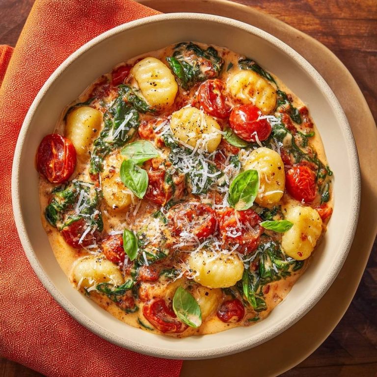 Cremige Tomaten-Gnocchi mit Spinat als Draufsicht in einer Schüssel, garniert mit Basilikum und Parmesan.