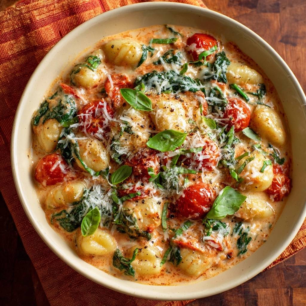 Cremige Tomaten-Gnocchi mit Spinat, nah aufgenommen mit frischen Basilikumblättern und geriebenem Parmesan garniert.