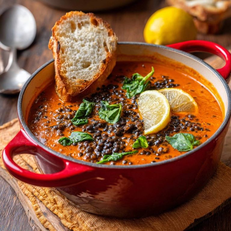 Cremige Tomaten-Linsensuppe mit Spinat, garniert mit einer Scheibe Brot und Zitronenscheiben in einem roten Topf