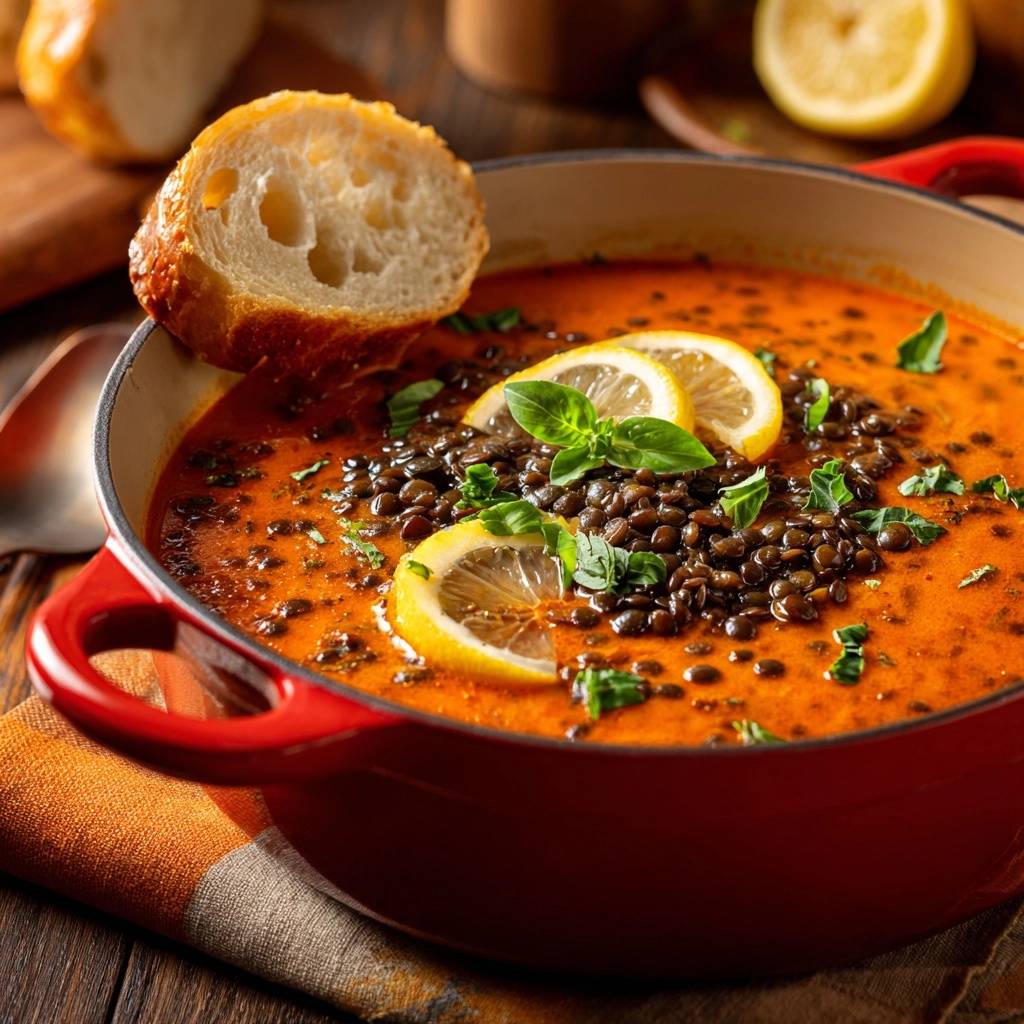 Cremige Tomaten-Linsensuppe mit Spinat, garniert mit frischen Zitronenscheiben und Basilikum in einer roten Schüssel.