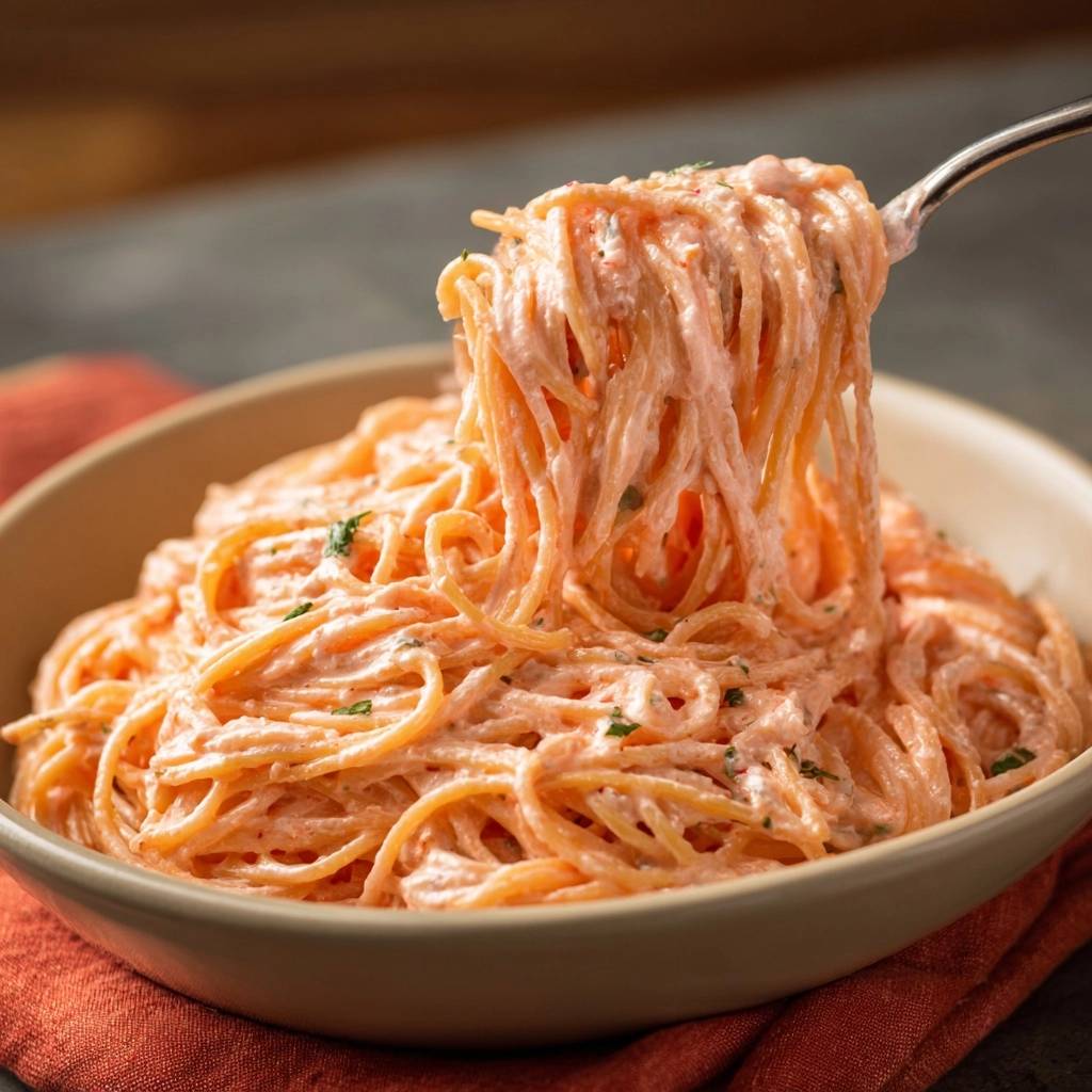 Cremige Tomaten-Spaghetti, die mit einer Gabel aus einer Schüssel gehoben werden, um die cremige Textur zu zeigen.