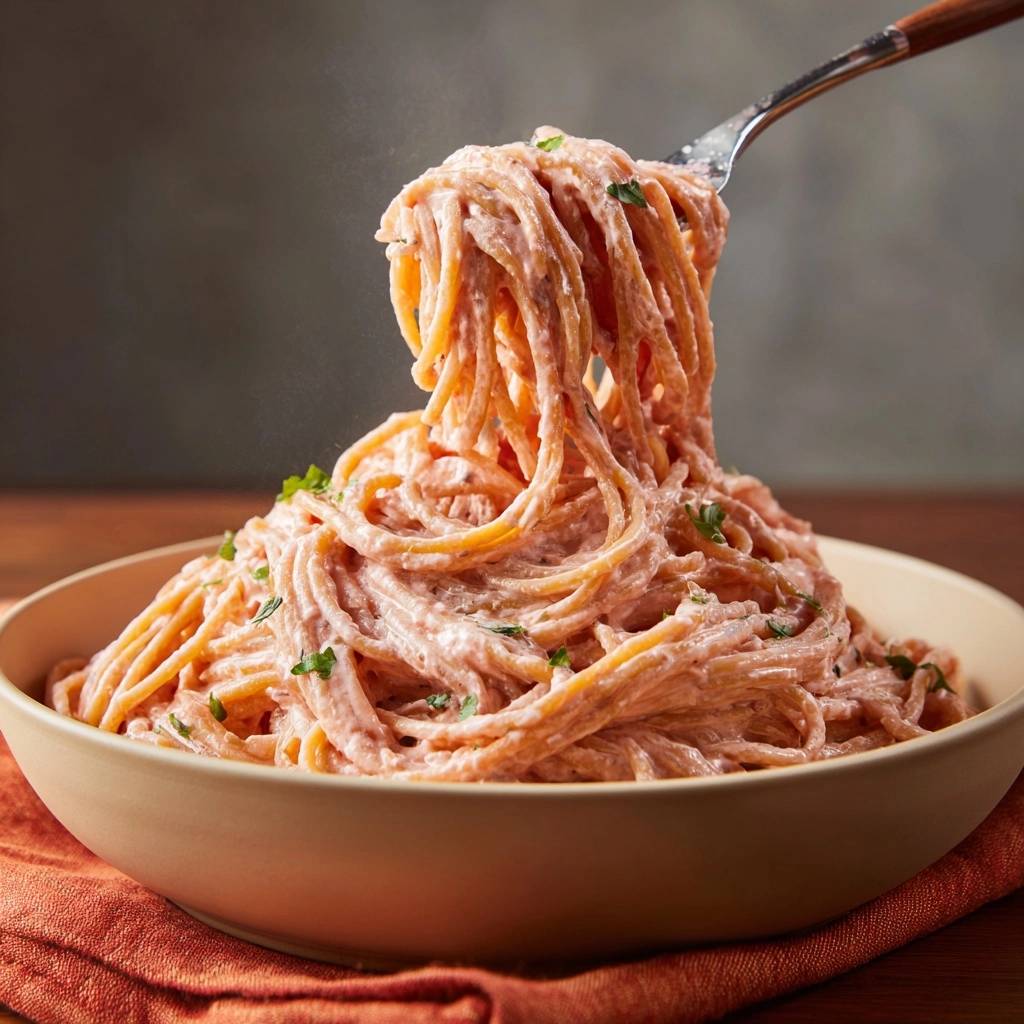 Cremige Tomaten-Spaghetti, eine Gabel hebt eine Portion dampfender Nudeln aus der Schüssel.