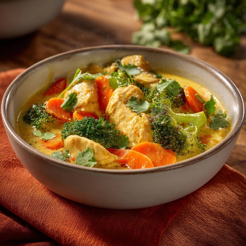 Cremiger gelber Hähnchen-Curry mit Brokkoli & Karotten, eine Nahaufnahme von Hähnchenstücken, Brokkoli und Karotten in der Currysauce.