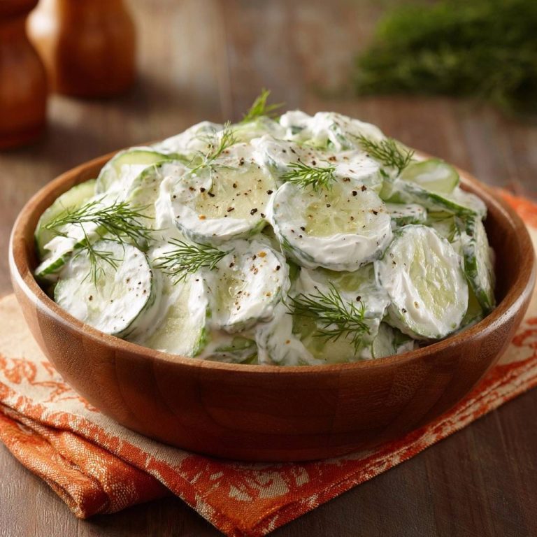 Cremiger Gurkensalat mit Dill in einer Holzschale, Nahaufnahme der cremigen Konsistenz und frischen Dillspitzen.