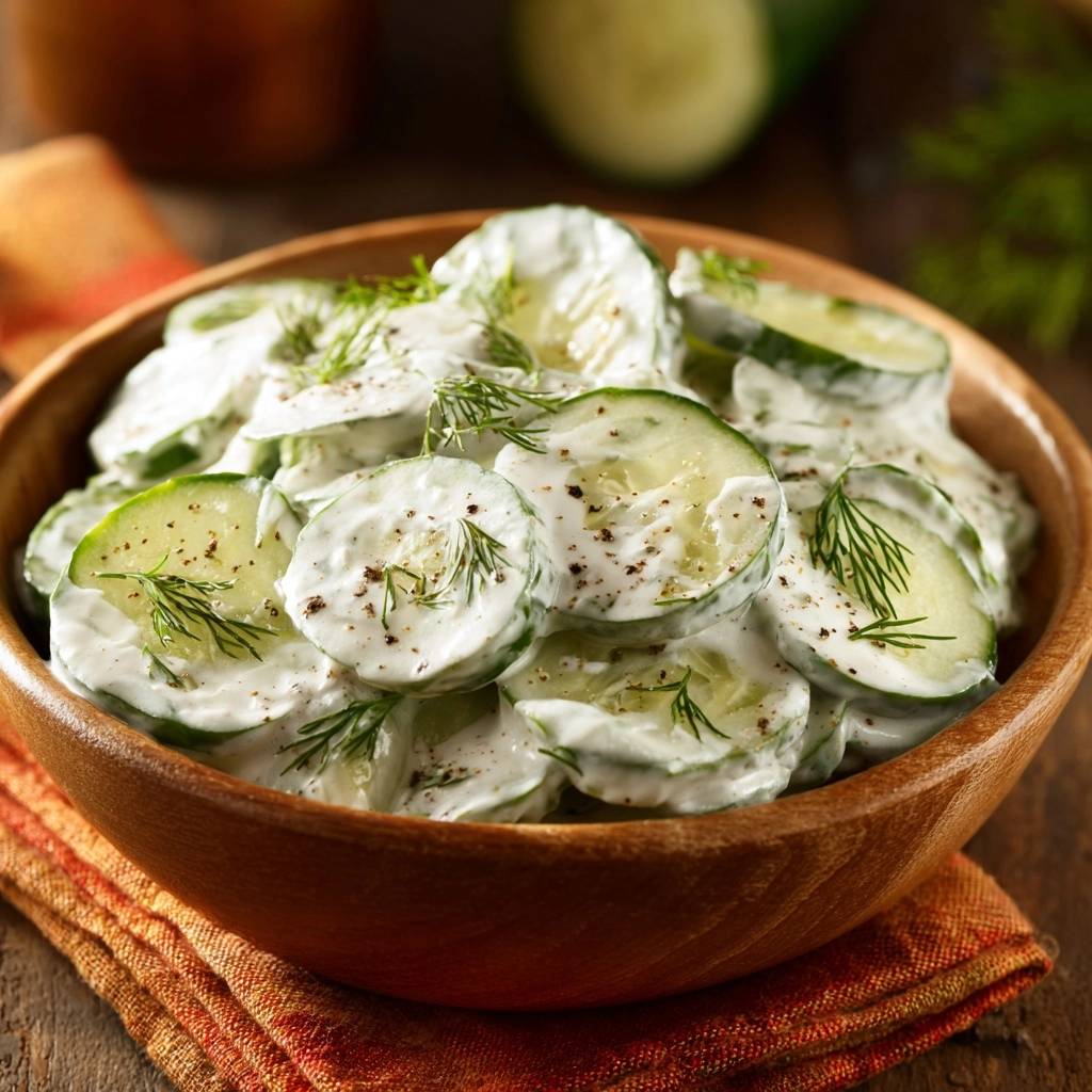 Cremiger Gurkensalat mit Dill, nah aufgenommen und mit frischem Dill garniert, zeigt die cremige Textur und knackige Gurkenscheiben.