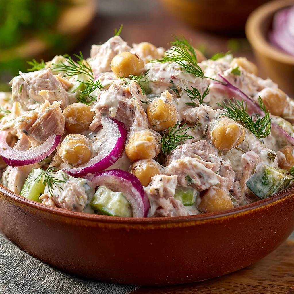 Cremiger Hähnchen-Gurken-Salat mit Kichererbsen, nahaufnahme der Zutaten und Dill-Garnitur.