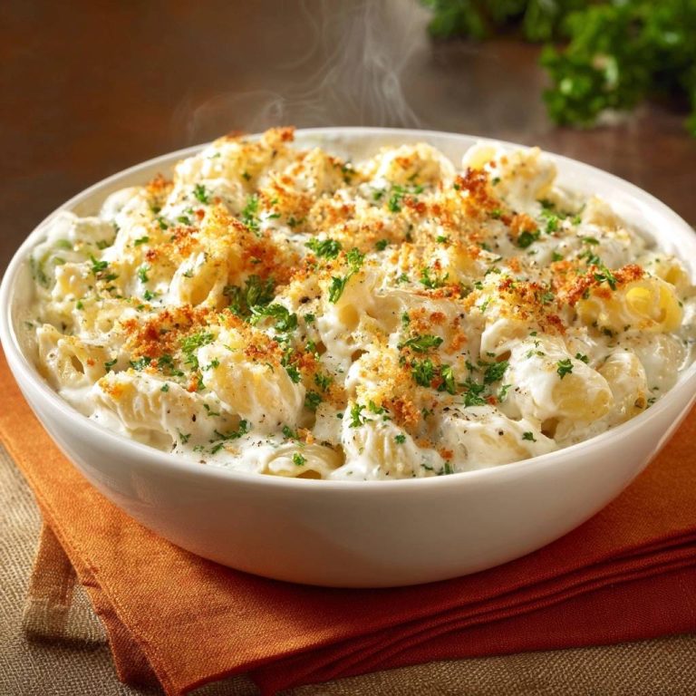 Cremiger Käsenudel-Auflauf mit knuspriger Kruste und frischer Petersilie, der dampfend serviert wird.