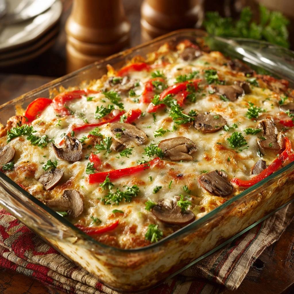 Cremiger Pilz-Paprika-Nudelauflauf, nah aufgenommen und mit frischer Petersilie und Paprikastreifen garniert, in einer Glasschale