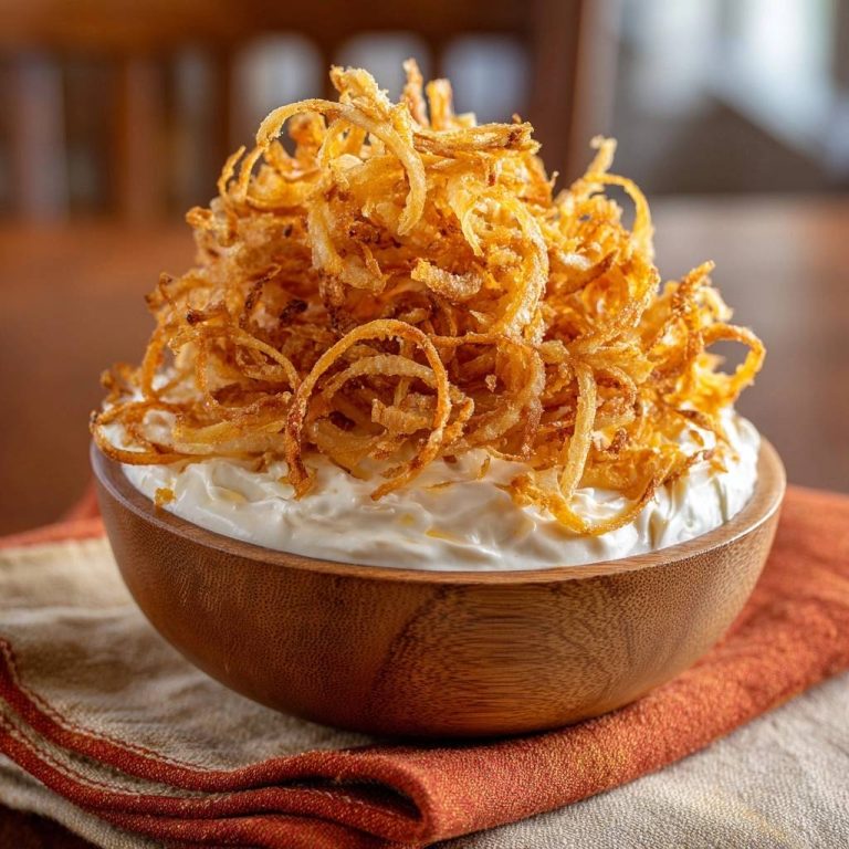 Cremiger Zwiebel-Dip mit einem Berg aus goldbraunen, frittierten Zwiebelringen als Garnitur.