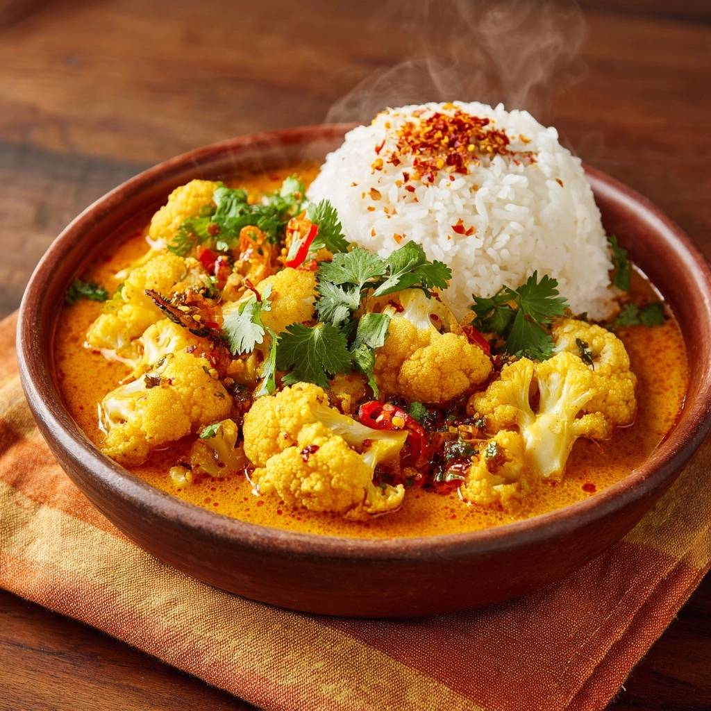 Cremiges Blumenkohl-Curry mit Reis, serviert in einer Schüssel mit frischem Koriander und Chiliflocken garniert.