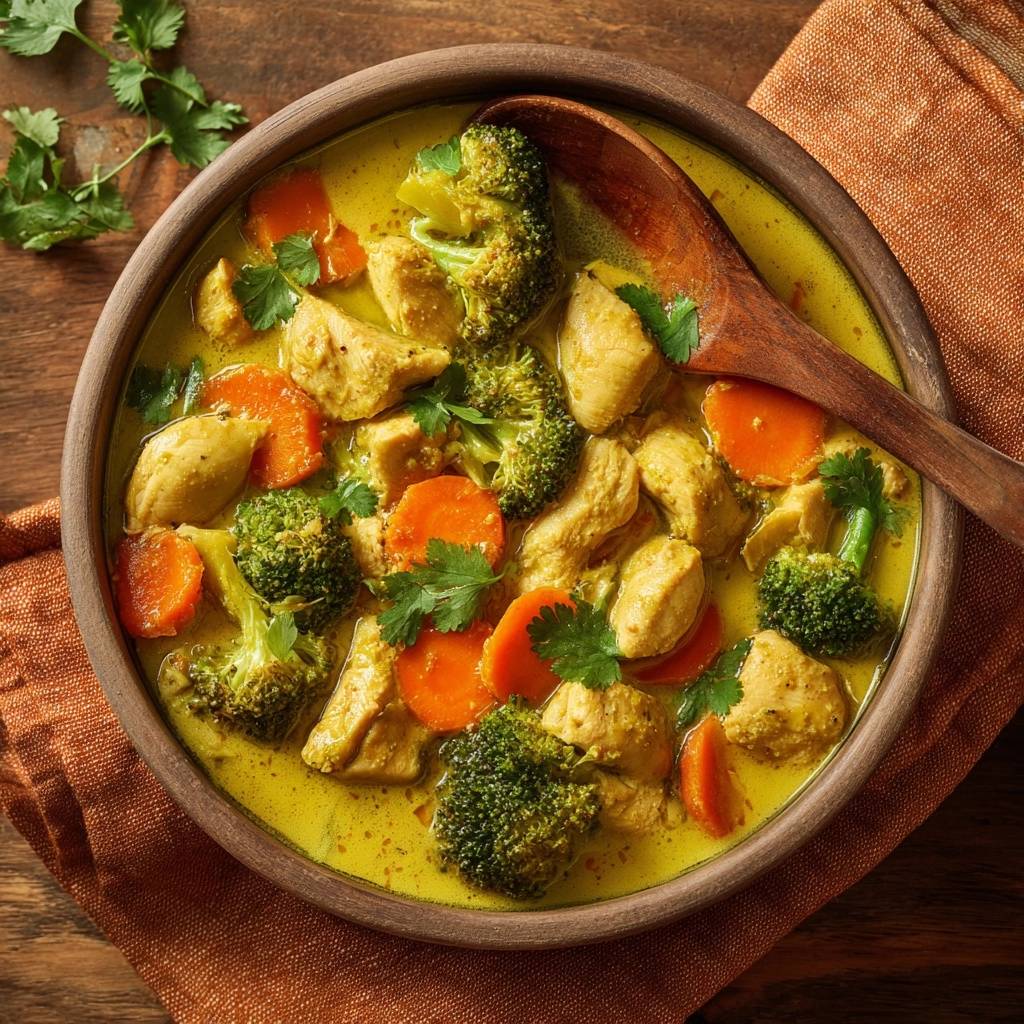 Cremiges Hähnchen-Curry mit Brokkoli und Karotten, serviert in einer Holzschüssel mit einem Holzkochlöffel.