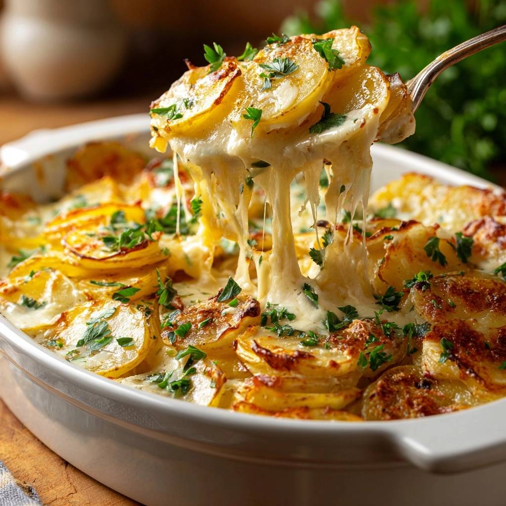 Cremiges Kartoffelgratin, geschichtet und mit geschmolzenem Käse und Petersilie garniert, wird von einer Gabel angehoben.