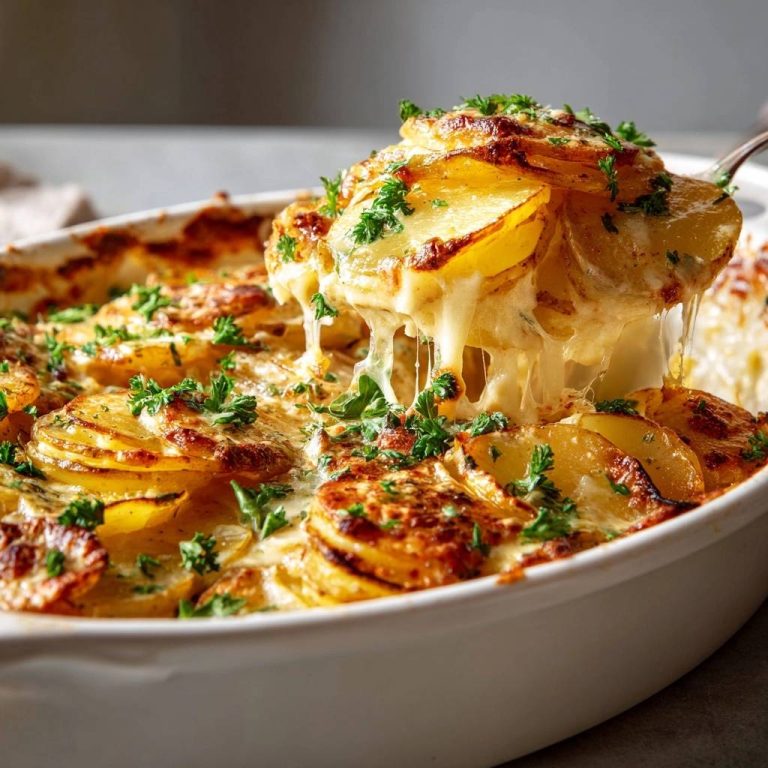 Cremiges Kartoffelgratin mit geschmolzenem Käse und frischer Petersilie, nahaufnahme