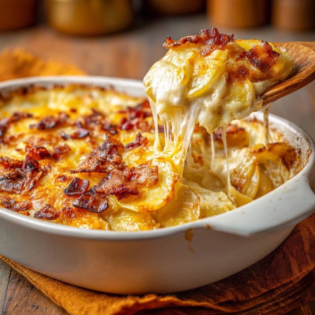 Cremiges Kartoffelgratin mit Speck, das mit einem Käsefaden von einem Holzlöffel gezogen wird.
