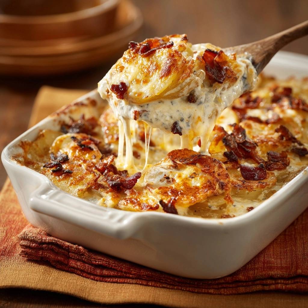 Cremiges Kartoffelgratin mit Speck, das mit einem Holzlöffel aus der Auflaufform gehoben wird und geschmolzenen Käse zeigt.