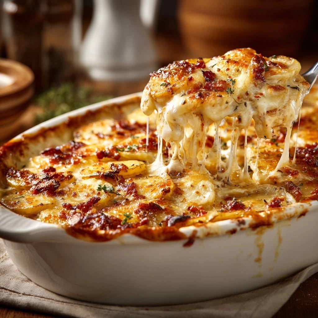Cremiges Kartoffelgratin mit knusprigem Speck, das mit geschmolzenem Käse von einem Löffel gezogen wird.