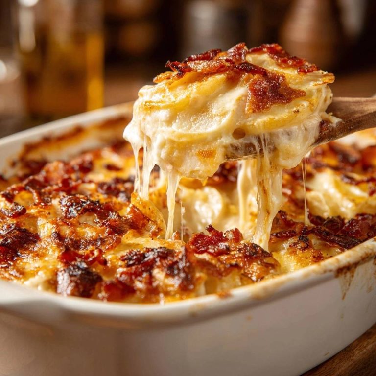 Cremiges Kartoffelgratin mit knusprigem Speck, eine Holzschaufel hebt eine Portion mit langgezogenem Käse hervor.