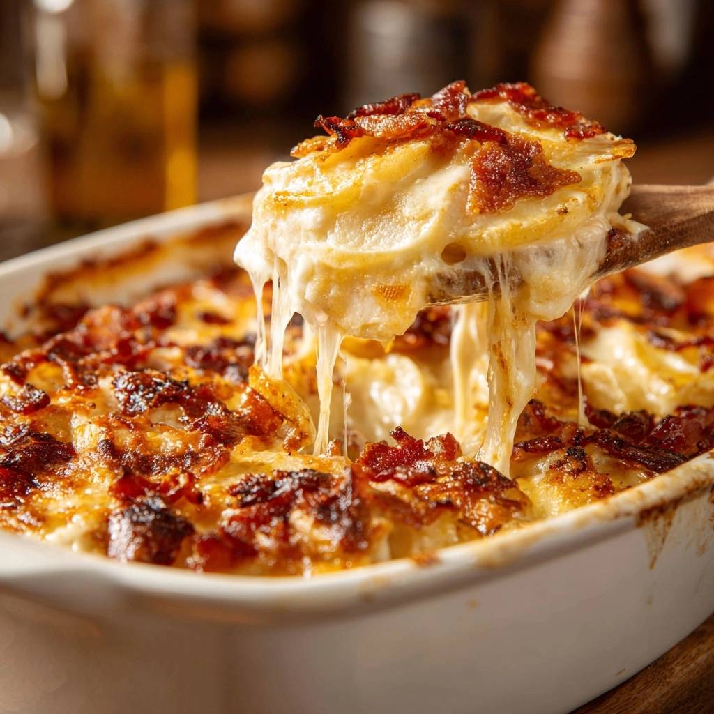 Cremiges Kartoffelgratin mit knusprigem Speck, eine Holzschaufel hebt eine Portion mit langgezogenem Käse hervor.