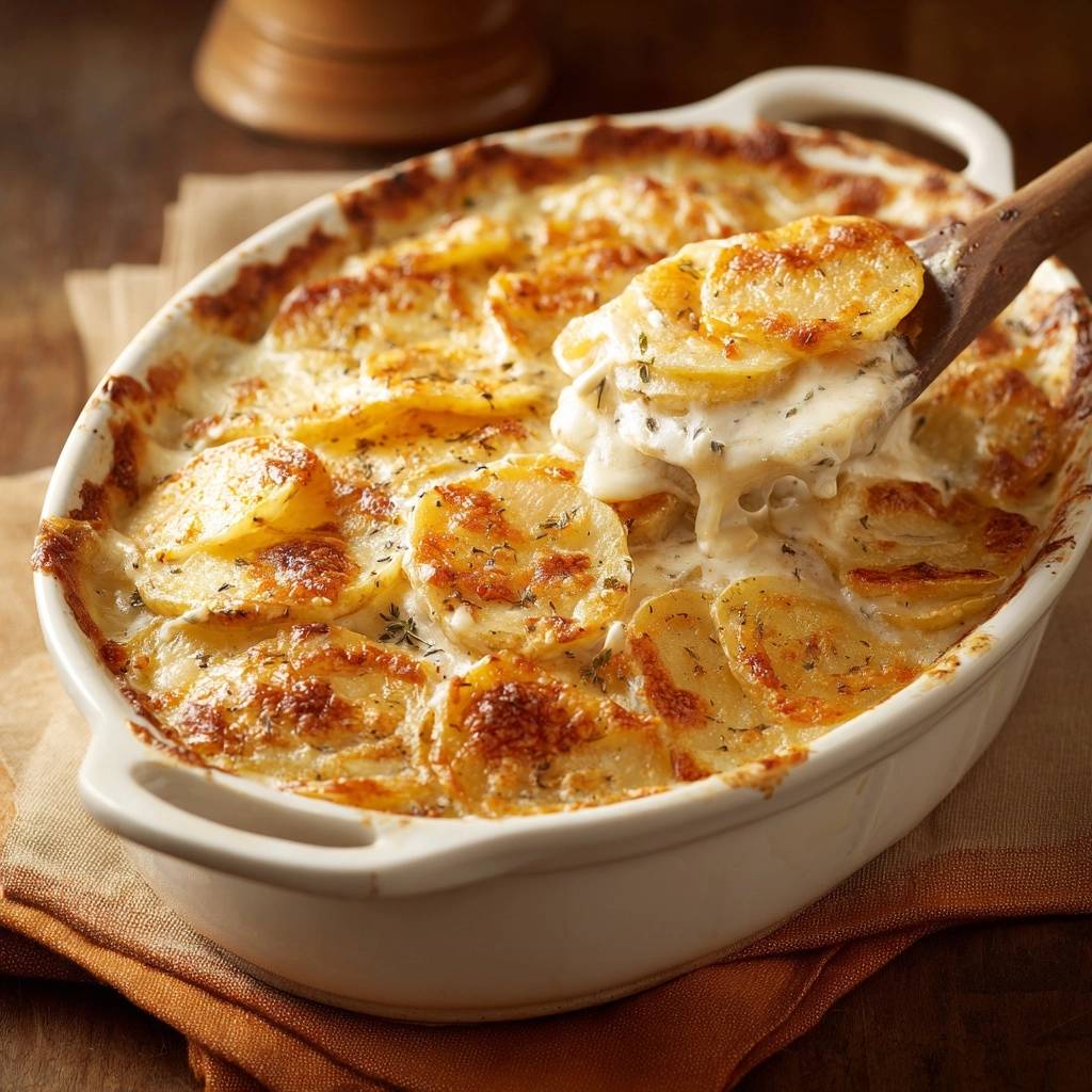 Cremiges Kartoffelgratin mit einem Holzlöffel, der eine Portion aus der Auflaufform hebt.