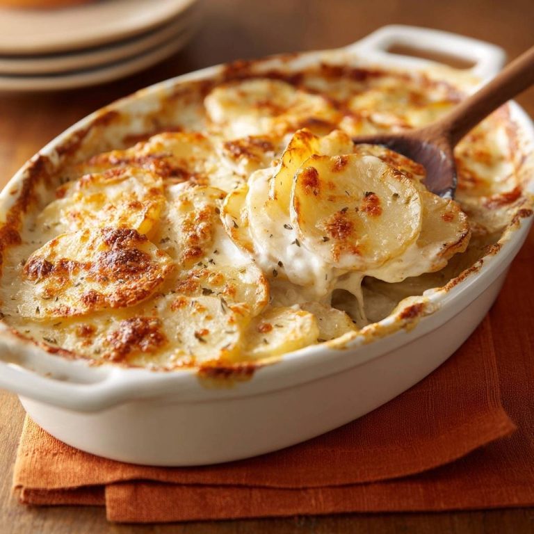 Cremiges Kartoffelgratin auf einem Holzlöffel aus einer Auflaufform geschöpft, mit goldbraun gebackener Käsekruste.