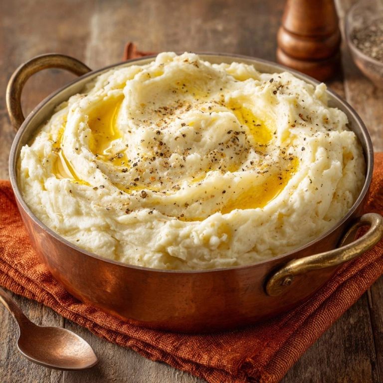 Cremiges Kartoffelpüree mit geschmolzener Butter und Pfeffer in einer Kupferschüssel, detailnah aufgenommen.