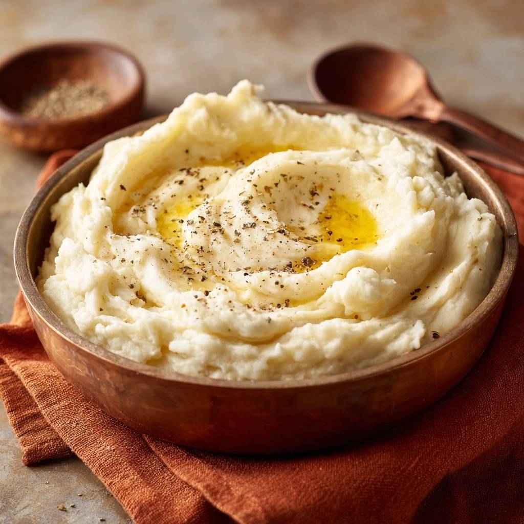Cremiges Kartoffelpüree ohne Klümpchen, serviert in einer Kupferschüssel mit geschmolzener Butter und Kräutern garniert.
