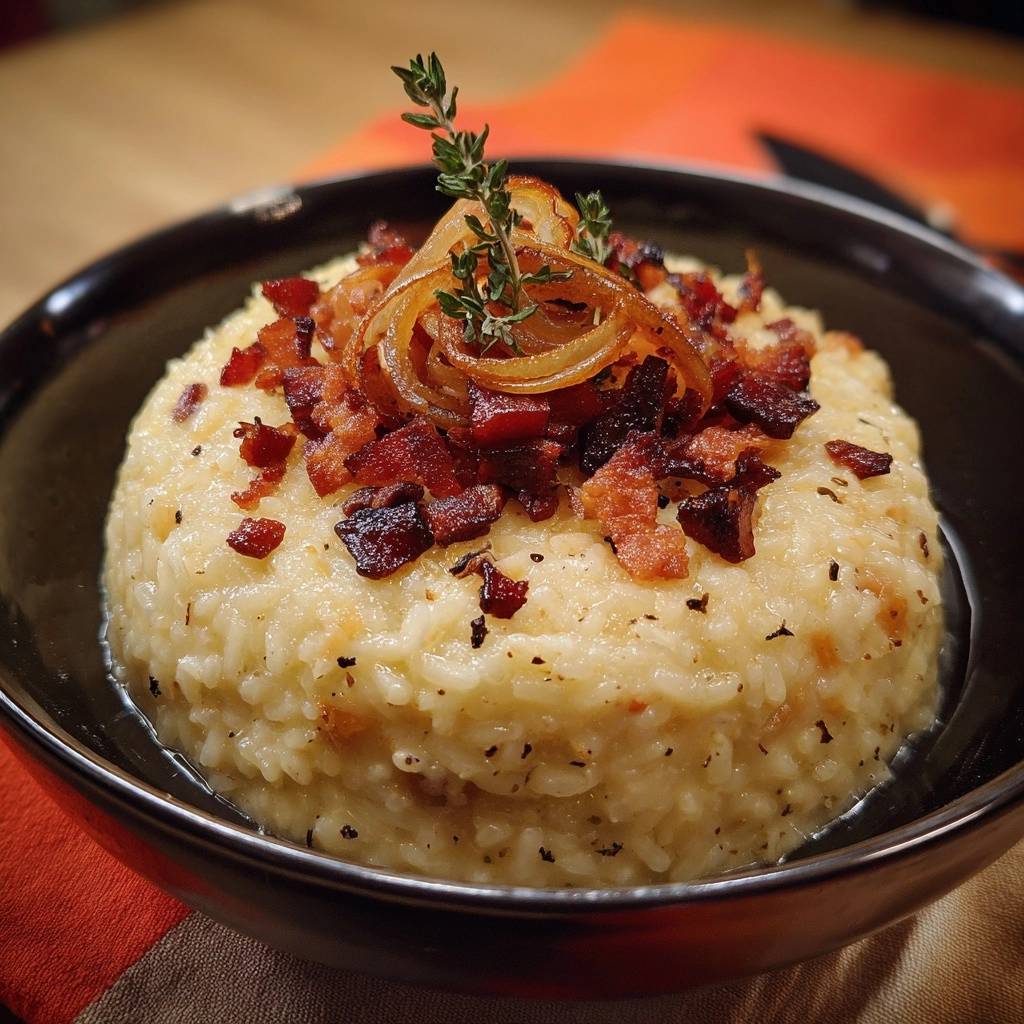 Cremiges Risotto mit knusprigem Speck und karamellisierten Zwiebeln, garniert mit frischen Kräutern und Röstzwiebeln.