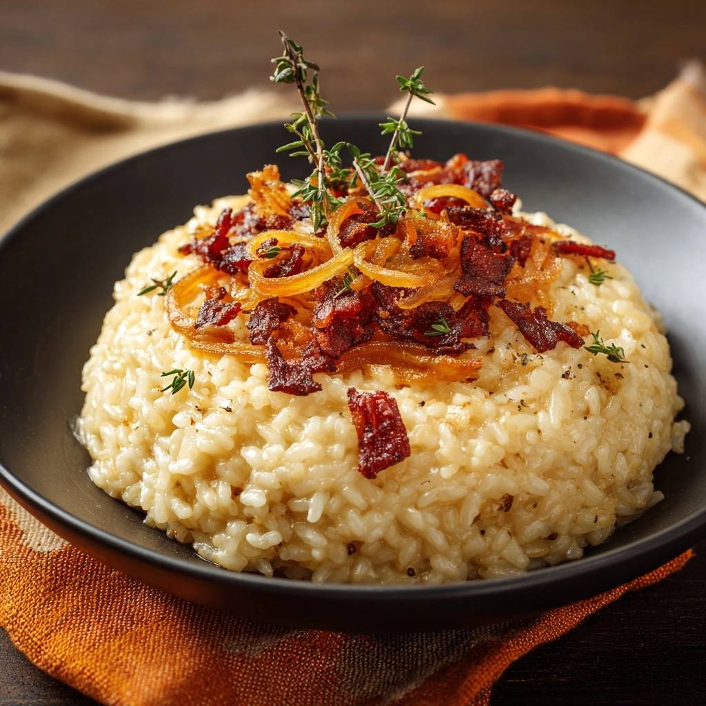 Cremiges Risotto mit knusprigem Speck und karamellisierten Zwiebeln, garniert mit frischen Kräutern.
