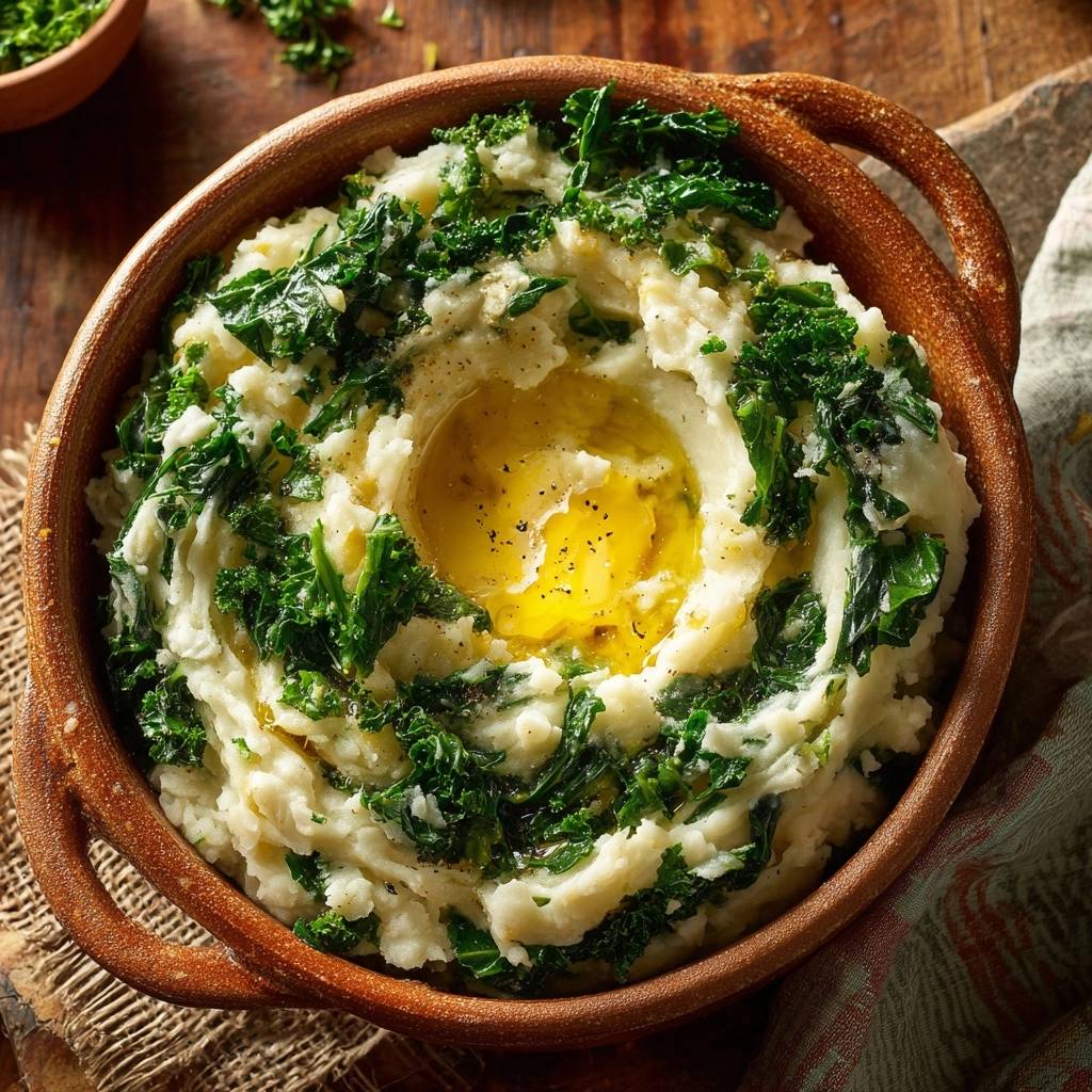 Cremiges Spinat-Kartoffelpüree mit geschmolzener Butter und Spinat-Garnitur in einer rustikalen Schüssel.