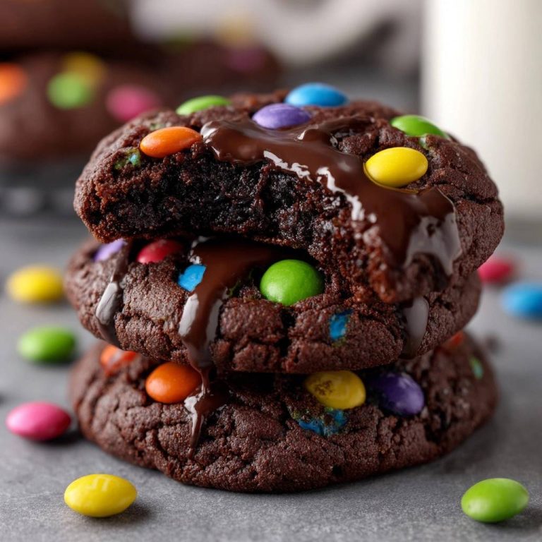 Dicke Schoko-M&M-Kekse angeschnitten mit geschmolzener Schokoladensauce und bunten M&Ms, die einen weichen Kern zeigen.