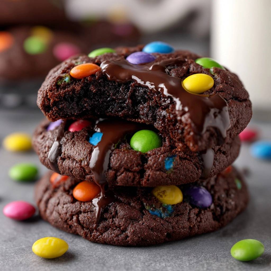Dicke Schoko-M&M-Kekse angeschnitten mit geschmolzener Schokoladensauce und bunten M&Ms, die einen weichen Kern zeigen.