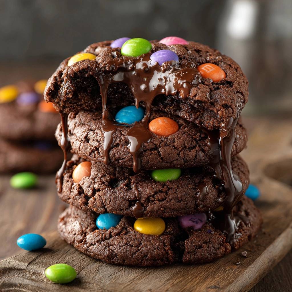 Dicke Schoko-M&M-Kekse (Nie wieder flache Kekse!) gestapelt und mit flüssiger Schokoladensauce übergossen, mit bunten M&Ms.