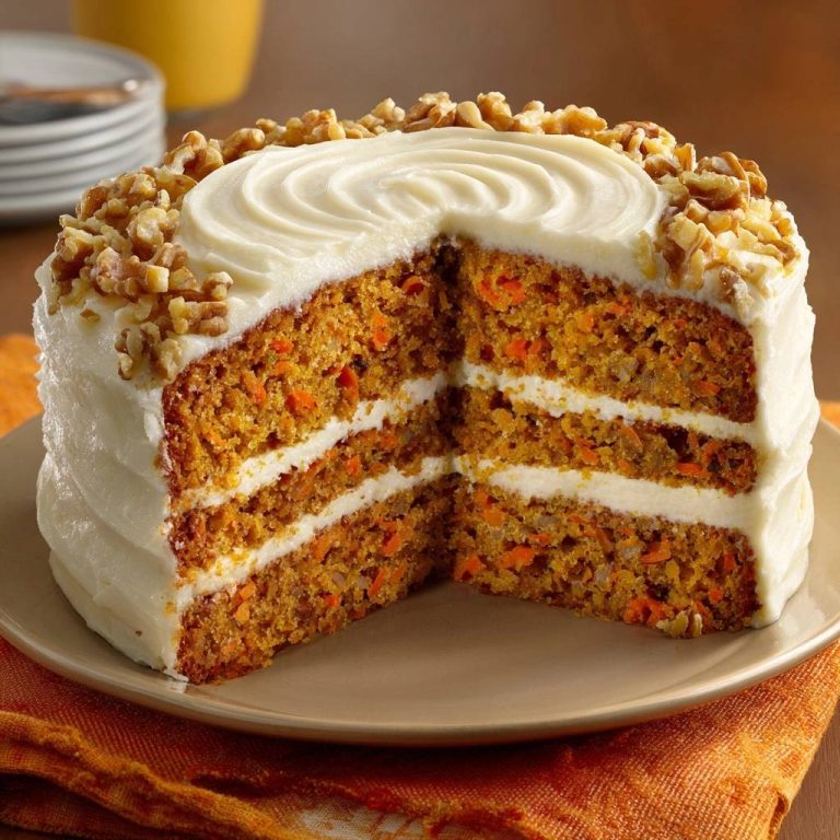 Dreischichtiger Karottenkuchen mit Walnüssen, angeschnitten, zeigt saftige Schichten und Frischkäse-Frosting.