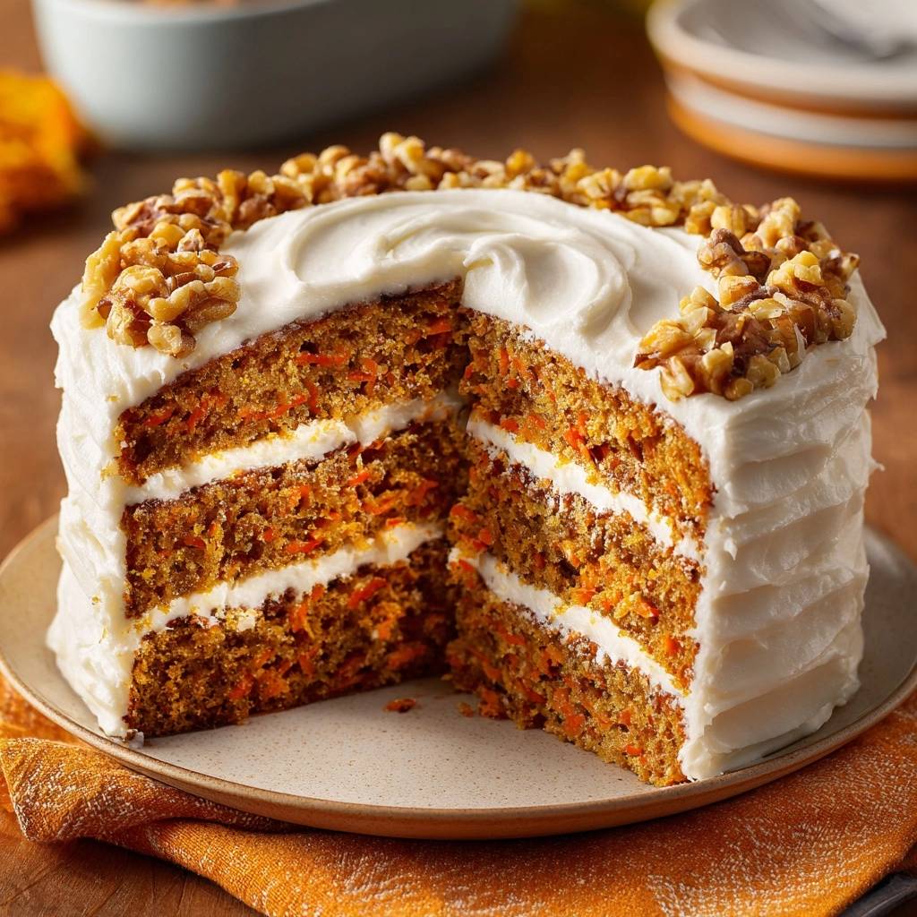 Dreischichtiger Karottenkuchen mit Walnüssen, angeschnitten und mit einer Nahaufnahme der saftigen Schichten und Walnussgarnitur.