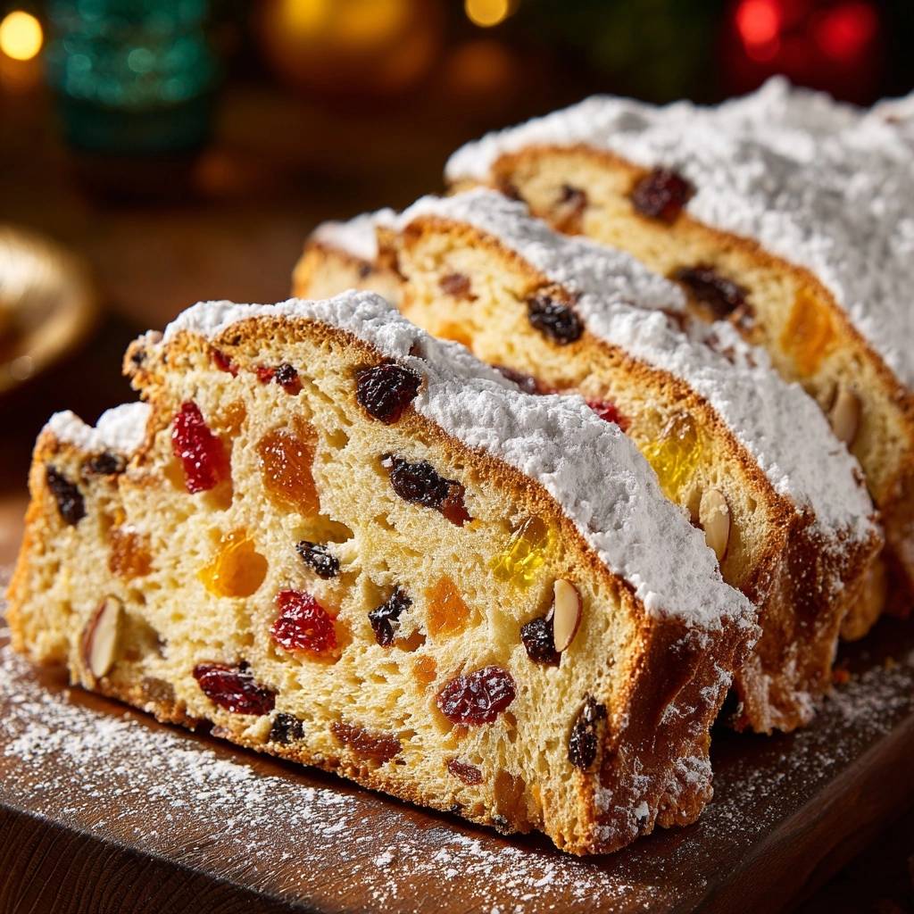 Authentischer Dresdner Christstollen angeschnitten, eine Nahaufnahme zeigt die saftige Krume mit viel Frucht und Mandeln.