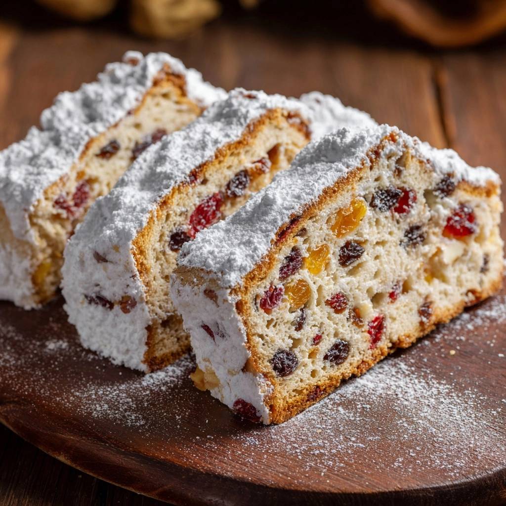 Authentischer Dresdner Christstollen angeschnitten, bestäubt mit Puderzucker und gefüllt mit Trockenfrüchten.