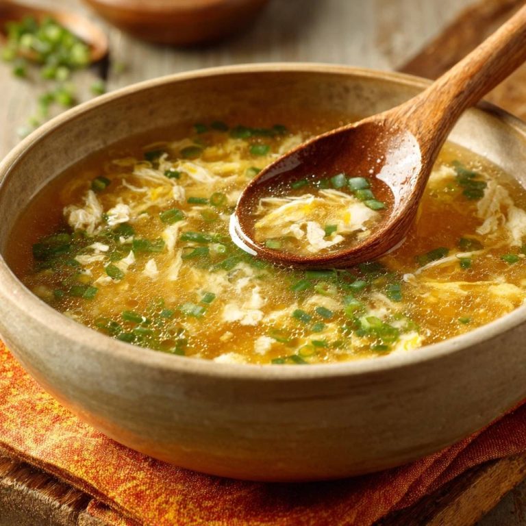 Eierblumensuppe mit zarten Eierfäden und Frühlingszwiebeln, serviert in einer Holzschale mit einem Holzlöffel.