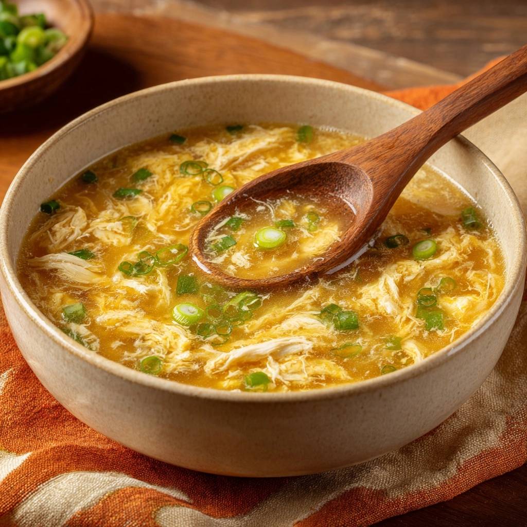 Eierblumensuppe mit einem Holzlöffel, der eine Portion aus dem Teller hebt, mit Frühlingszwiebeln garniert.