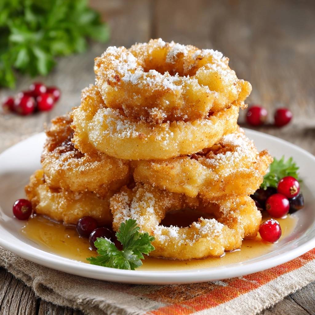 Fluffige Ring-Donuts mit Puderzucker und Cranberry-Sirup, gestapelt auf einem Teller mit Beeren und Petersilie.