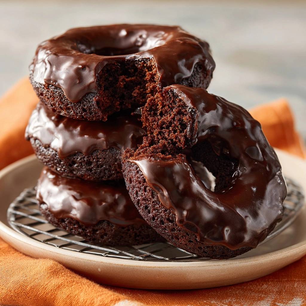 Fluffige Schoko-Donuts angeschnitten, die den luftigen Schokoladenkuchen und die glänzende Schokoladenglasur zeigen.