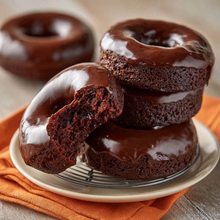 Fluffige Schoko-Donuts angeschnitten und mit glänzender Schokoladenglasur auf einem Teller präsentiert